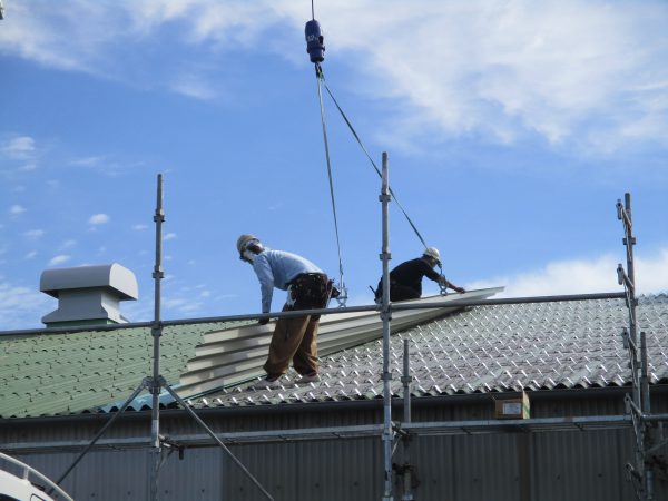 ガルバリウム鋼板による屋根カバー工法：大波カバールーフ設置